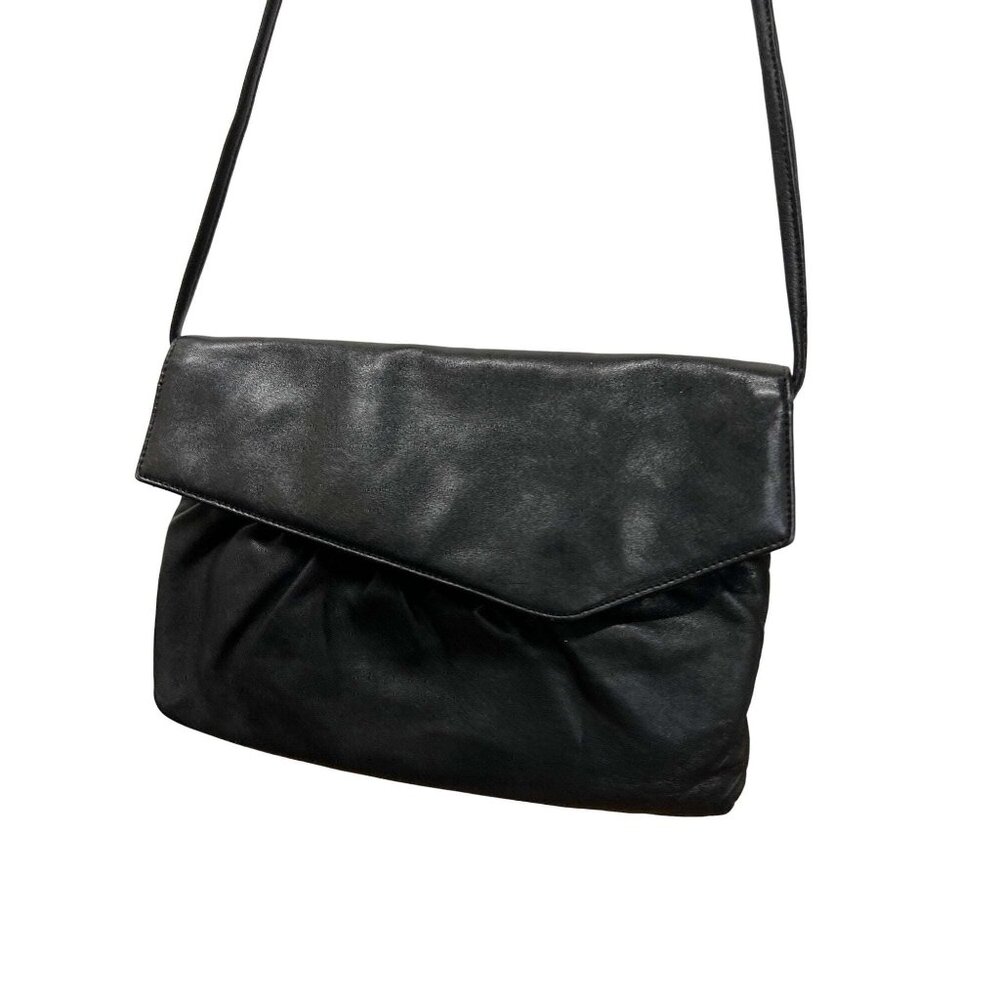 Black Leather Crossover Handbag Long Shoulder Bag Large Envelope Genuine Retro